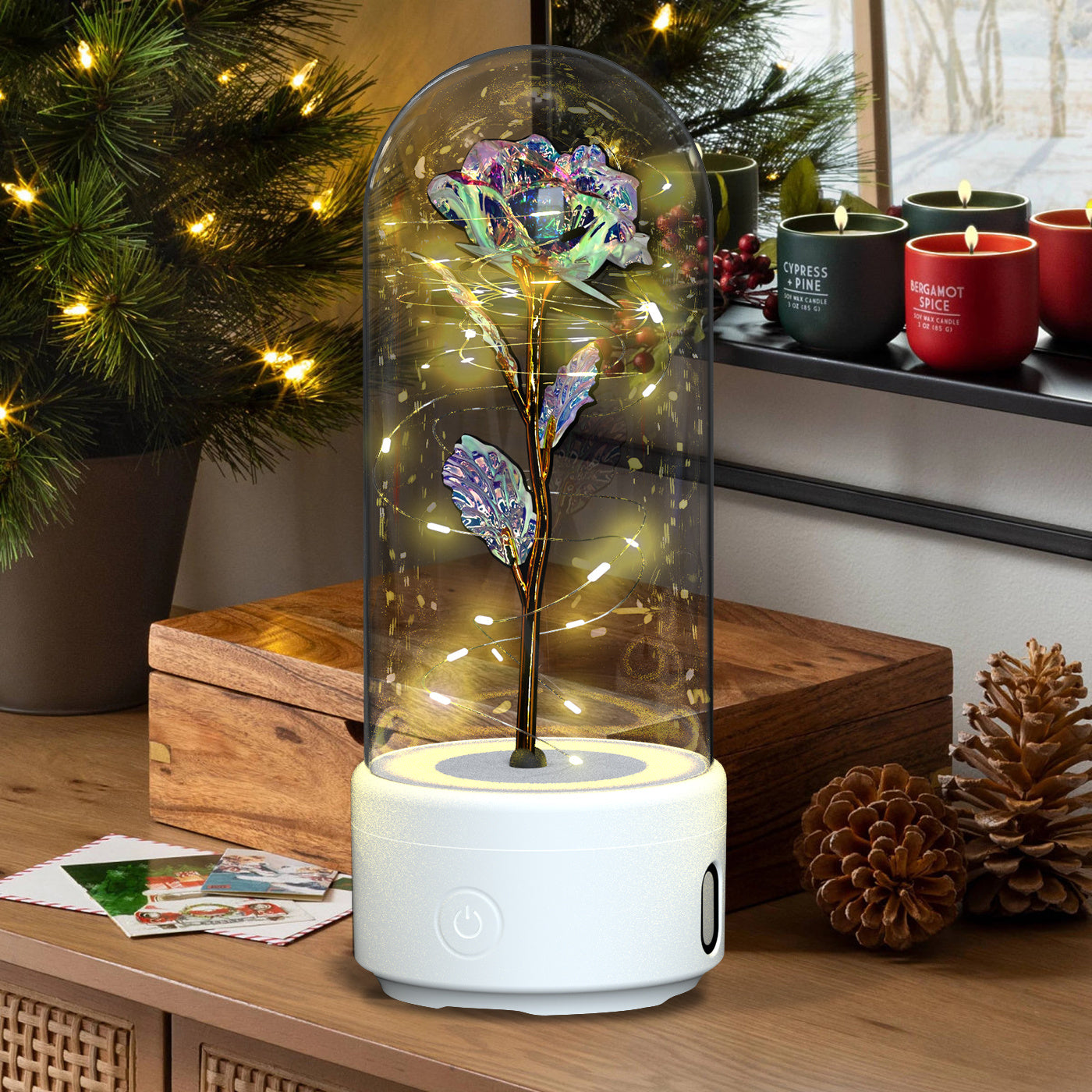 A unique gift that combines an LED light and a Bluetooth speaker with rose flowers.