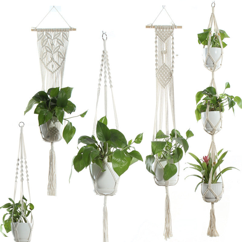 Beige Flower Pot Net Bag Cotton Rope Hanging Basket Sling for Indoor Plants