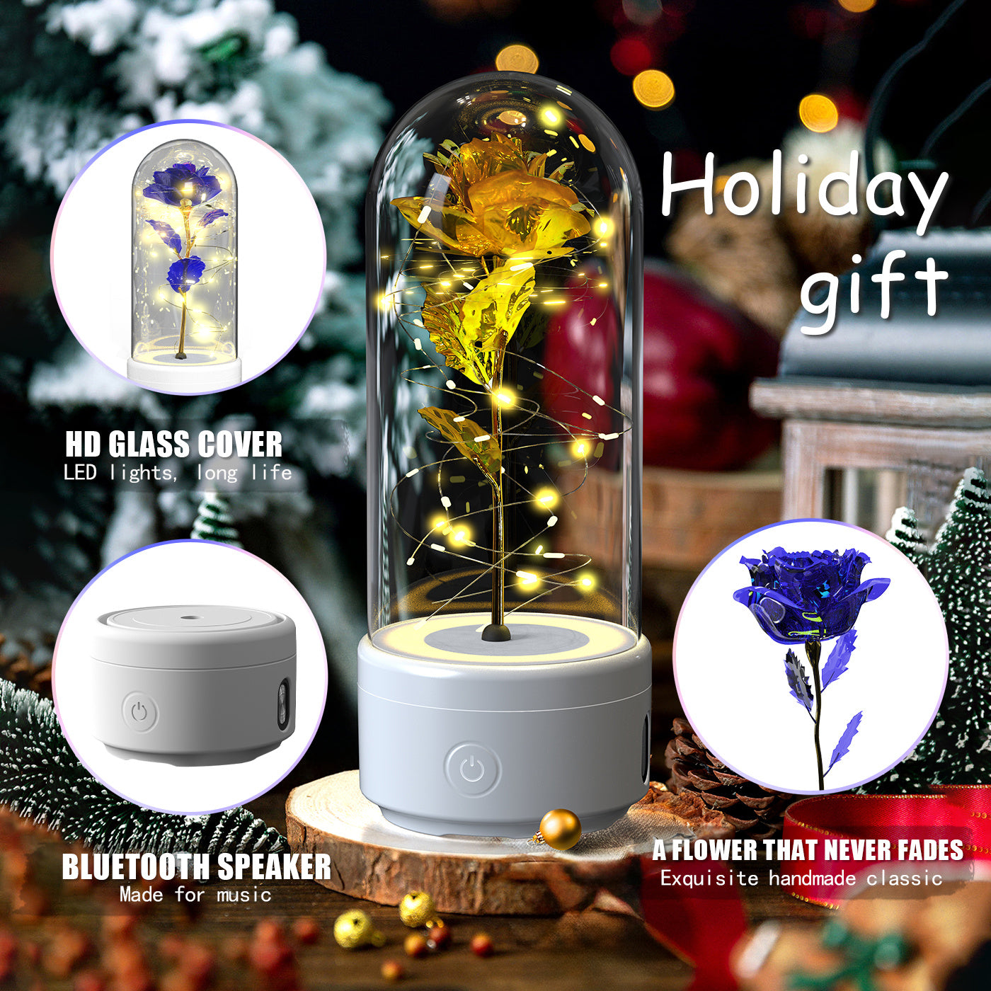 A unique gift that combines an LED light and a Bluetooth speaker with rose flowers.