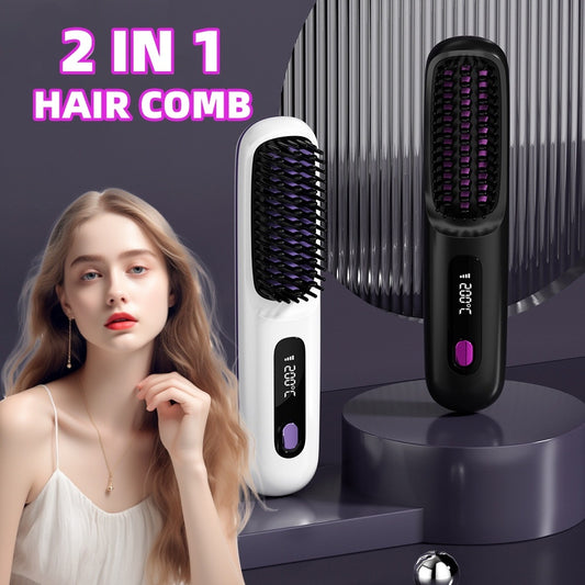 Fast Heating Portable Hot Curling Comb Wireless Hair Straightener Brush Hair USB Charging