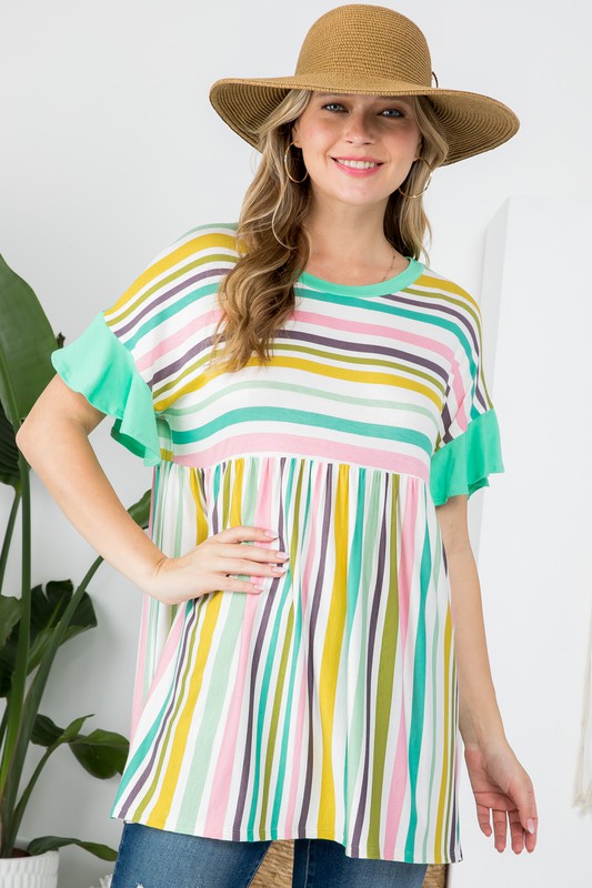 Multi Stripe Babydoll Tunic Top