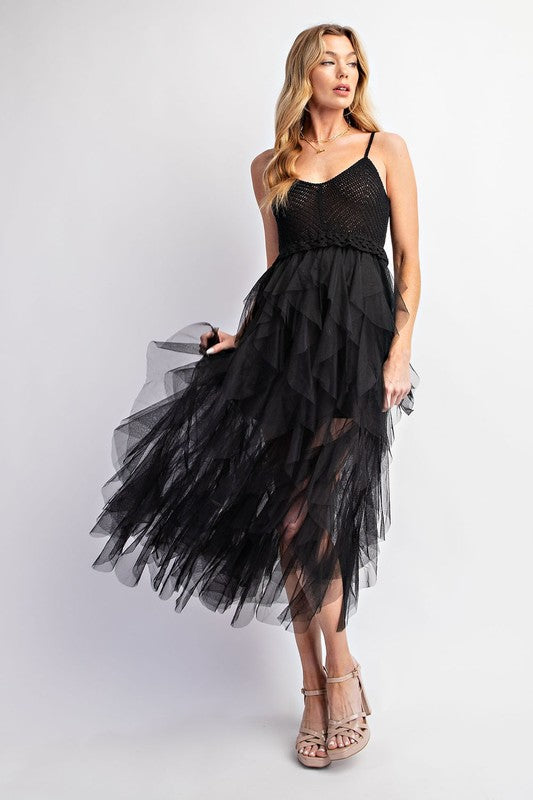 Lovery Tulle Midi Crochet Dress