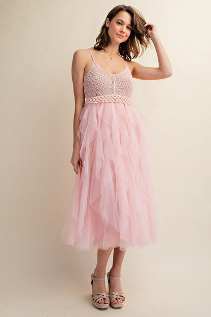 Lovery Tulle Midi Crochet Dress