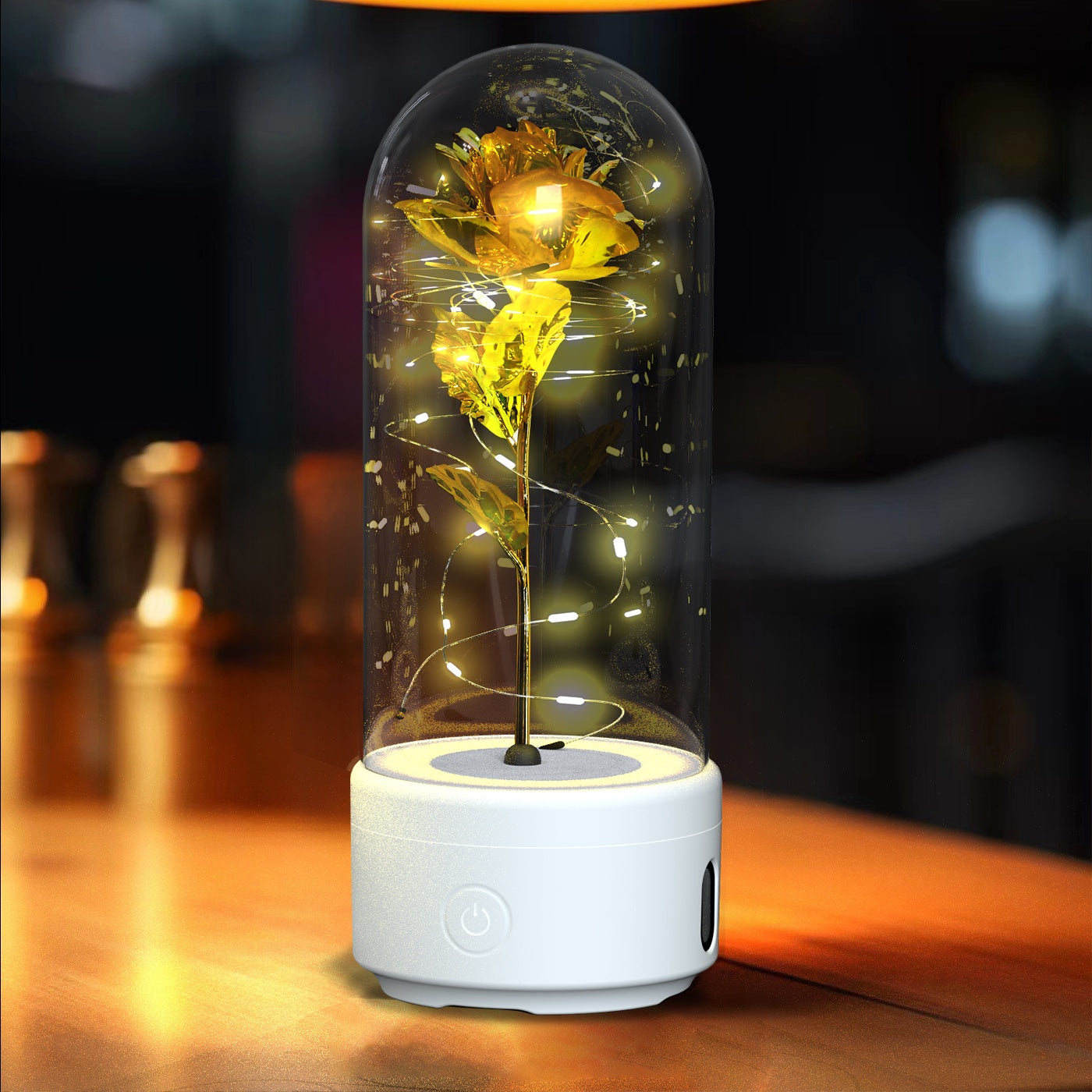 A unique gift that combines an LED light and a Bluetooth speaker with rose flowers.