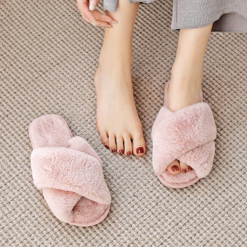 BEVERGREEN Winter Women House Slippers Faux Fur Warm Flat Shoes Female Slip on - MY STORE LIVING