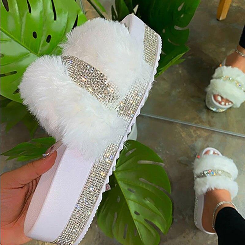 Women's Rhinestone Faux Fur Slippers Platform Flat Shoes Flip Flops Sandals - MY STORE LIVING