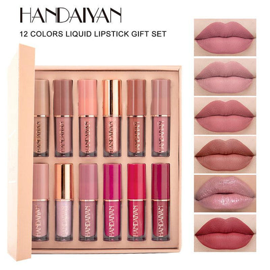 HANDAIYAN 12 Color Lip Gloss Set Liquid Lipstick Set Matte Pearlescent Non-Stick Cup Lip Gloss - MyStoreLiving