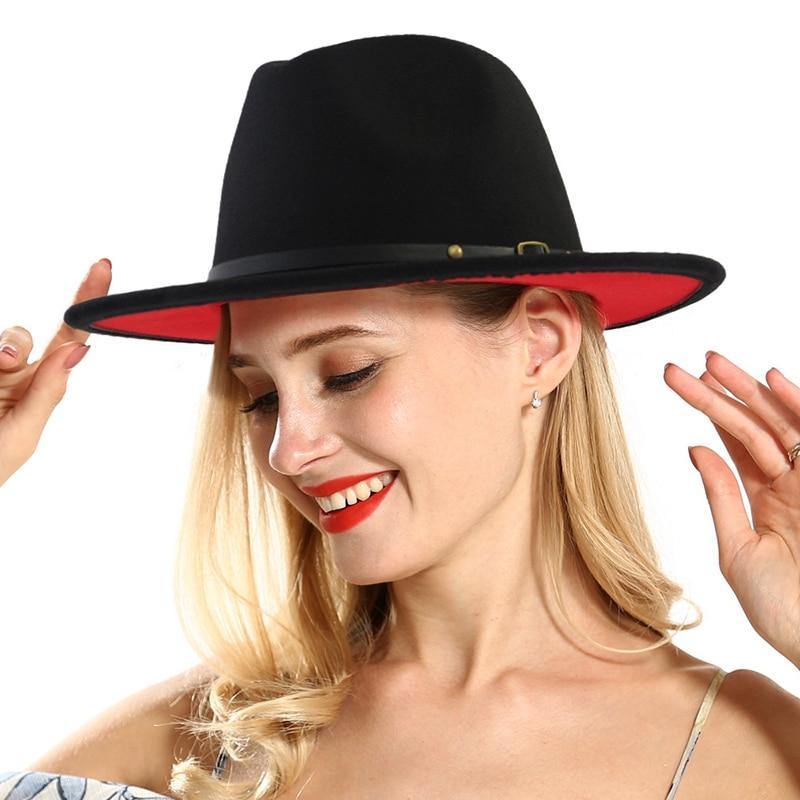 Women Men Black Red Patchwork Wool Felt Jazz Fedora Hat Unisex Panama Style Wide Brim Party Trilby Cowboy Dress Wedding Cap - MY STORE LIVING