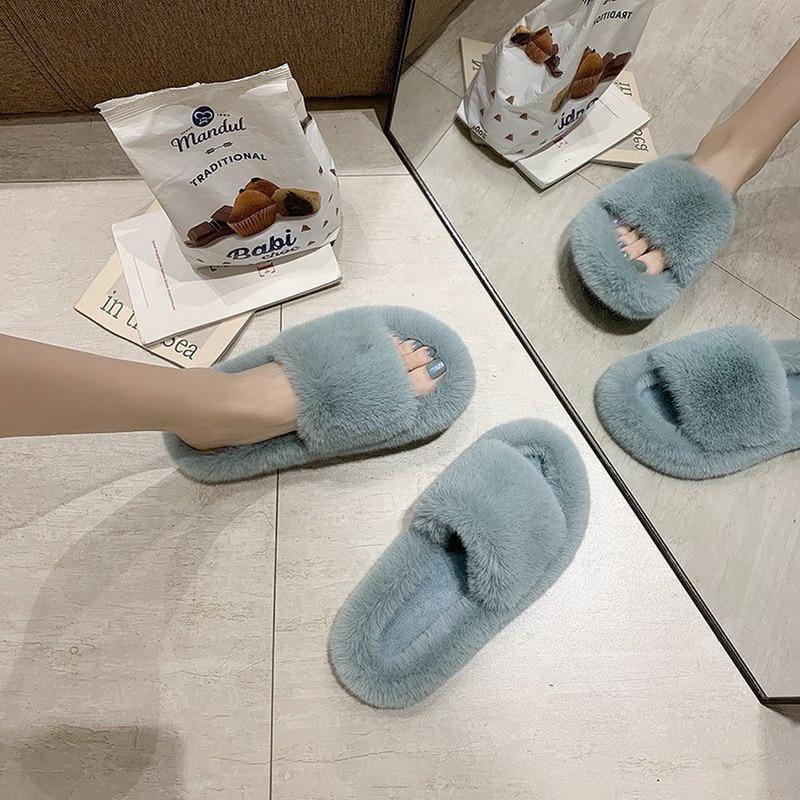 Women's Rhinestone Faux Fur Slippers Platform Flat Shoes Flip Flops Sandals - MY STORE LIVING