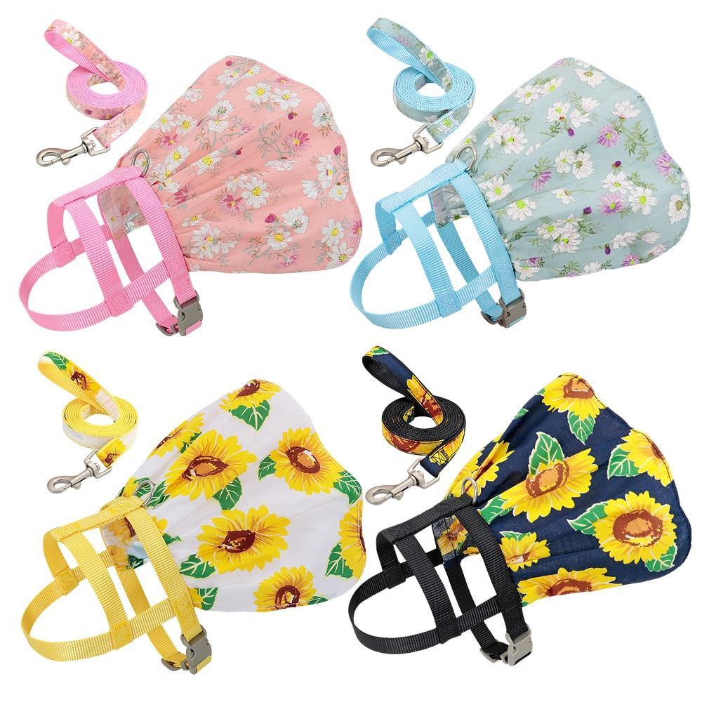 Puppy Dog Cat Clothes Harness Leash Adjustable Floral Printed Pet Harness Vest Dress Small Medium Dogs Cats - MY STORE LIVING