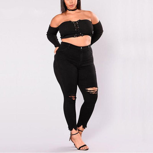 Women Holes Plus Size Jeans Pants Skinny Elastic Pencil Pants Mid Waist Black Jeans Woman Casual Spring 2-7XL Trousers - MyStoreLiving