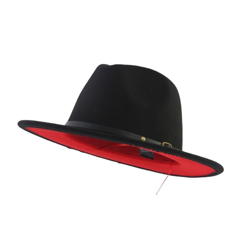 Women Men Black Red Patchwork Wool Felt Jazz Fedora Hat Unisex Panama Style Wide Brim Party Trilby Cowboy Dress Wedding Cap - MY STORE LIVING