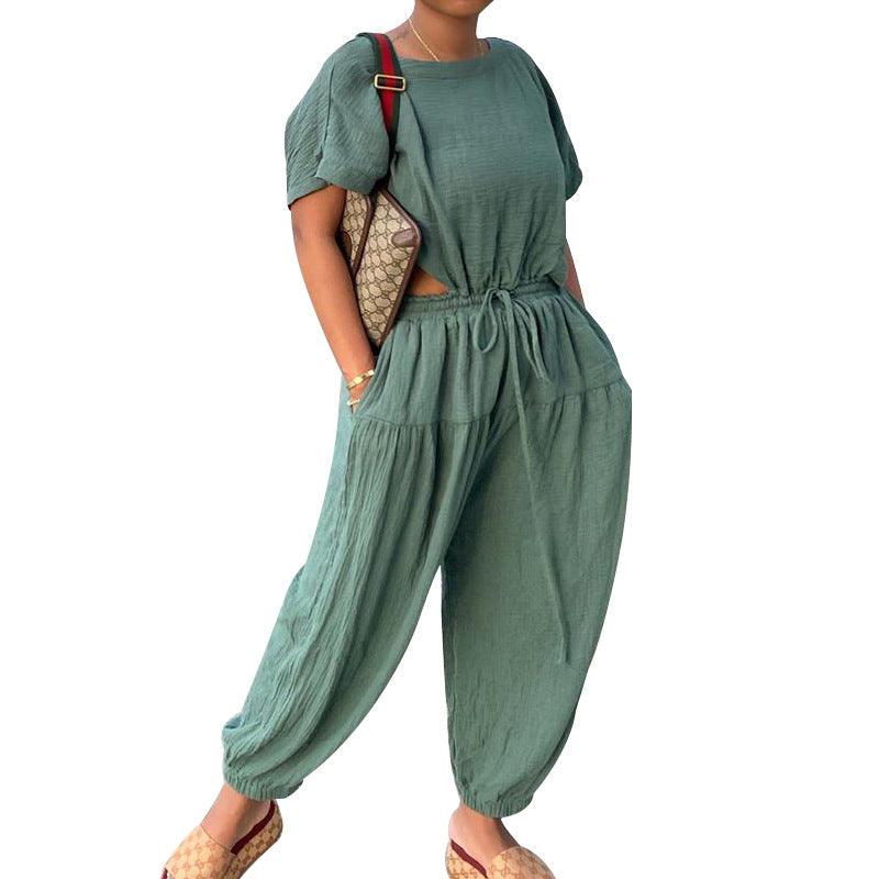 Women's Elastic Cotton And Linen Fashion Casual Wide Leg Pants Solid Color Two Piece Suit - MyStoreLiving