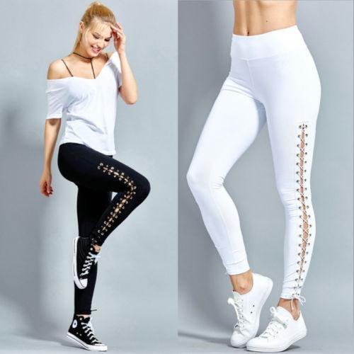 Women High Waist Fitness Leggings Lace Up Black White Solid Trousers - MyStoreLiving