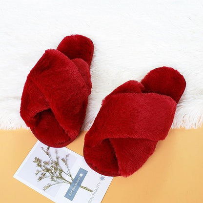 BEVERGREEN Winter Women House Slippers Faux Fur Warm Flat Shoes Female Slip on - MY STORE LIVING