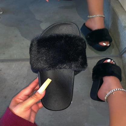 Women's Rhinestone Faux Fur Slippers Platform Flat Shoes Flip Flops Sandals - MY STORE LIVING