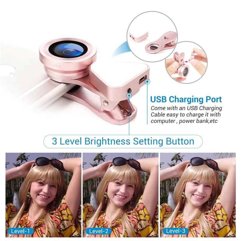 3 in 1 Phone Lens- LED Light Lens-Macro Clip-on Lens - MyStoreLiving