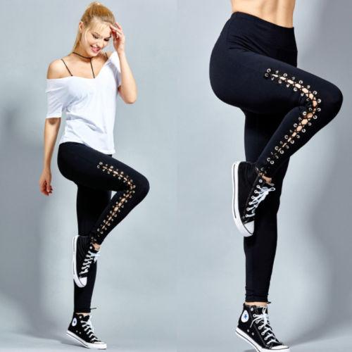 Women High Waist Fitness Leggings Lace Up Black White Solid Trousers - MyStoreLiving