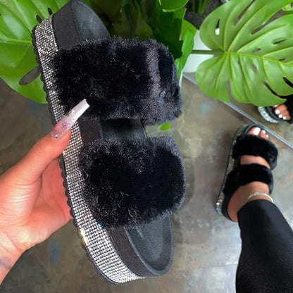 Women's Rhinestone Faux Fur Slippers Platform Flat Shoes Flip Flops Sandals - MY STORE LIVING