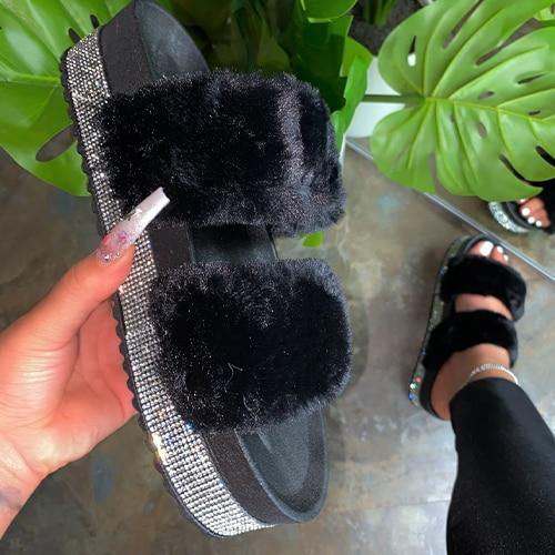 Women's Rhinestone Faux Fur Slippers Platform Flat Shoes Flip Flops Sandals - MY STORE LIVING