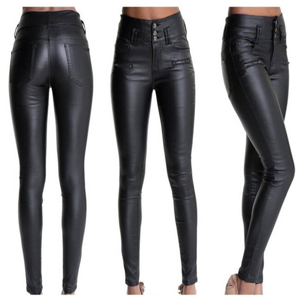 Women stretchy faux leather pants, skinny high waist - MyStoreLiving