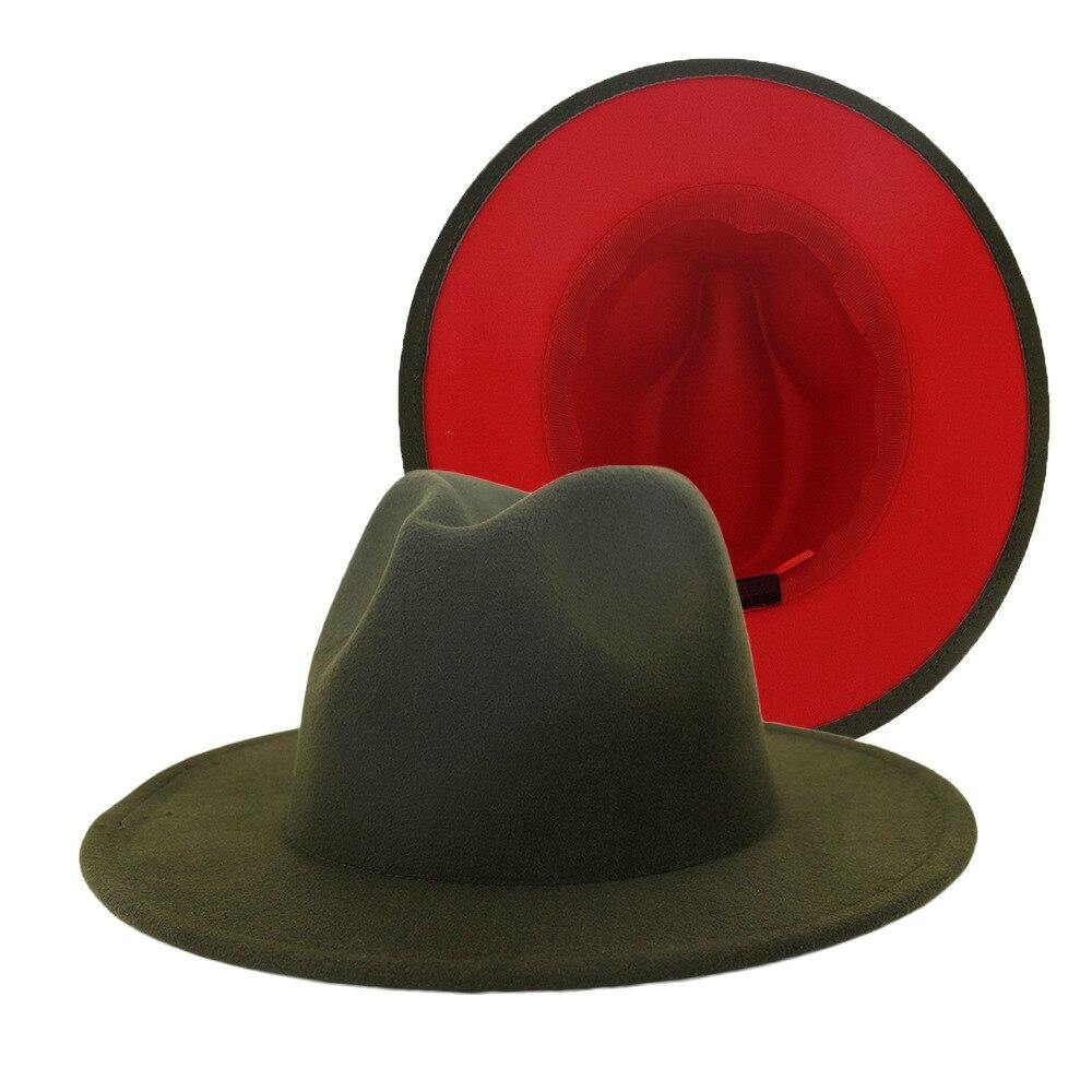 Women Men Black Red Patchwork Wool Felt Jazz Fedora Hat Unisex Panama Style Wide Brim Party Trilby Cowboy Dress Wedding Cap - MY STORE LIVING