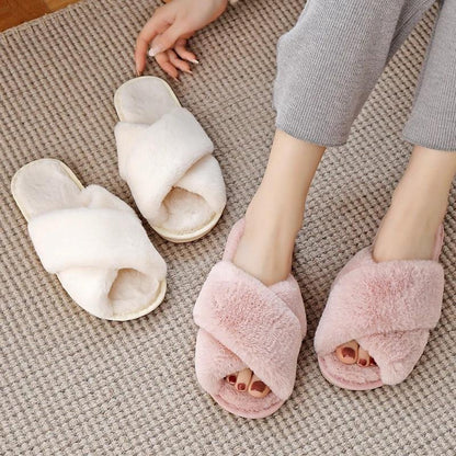 BEVERGREEN Winter Women House Slippers Faux Fur Warm Flat Shoes Female Slip on - MY STORE LIVING