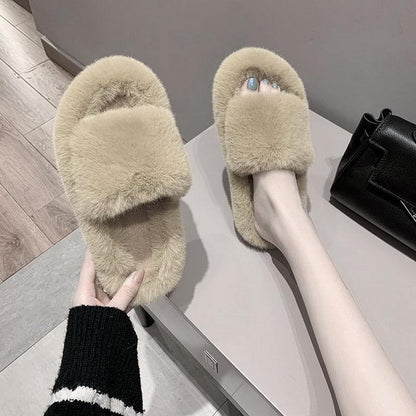 Women's Rhinestone Faux Fur Slippers Platform Flat Shoes Flip Flops Sandals - MY STORE LIVING