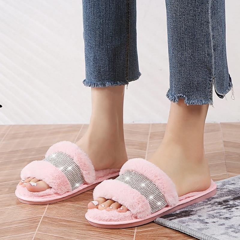 BEVERGREEN Winter Women House Slippers Faux Fur Warm Flat Shoes Female Slip on - MY STORE LIVING