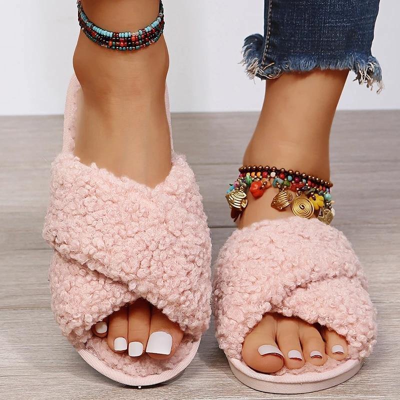 BEVERGREEN Winter Women House Slippers Faux Fur Warm Flat Shoes Female Slip on - MY STORE LIVING