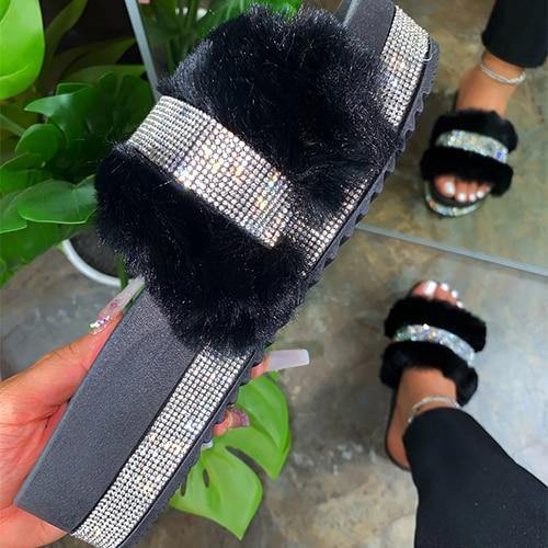 Women's Rhinestone Faux Fur Slippers Platform Flat Shoes Flip Flops Sandals - MY STORE LIVING