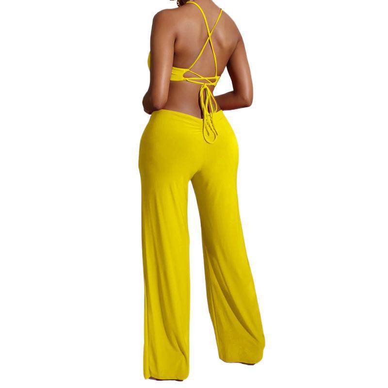 New Women's Solid Color Sexy Wide Leg Pants Sleeveless Suspender Bodysuit - MyStoreLiving