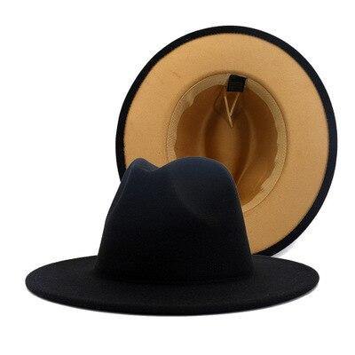 Women Men Black Red Patchwork Wool Felt Jazz Fedora Hat Unisex Panama Style Wide Brim Party Trilby Cowboy Dress Wedding Cap - MY STORE LIVING