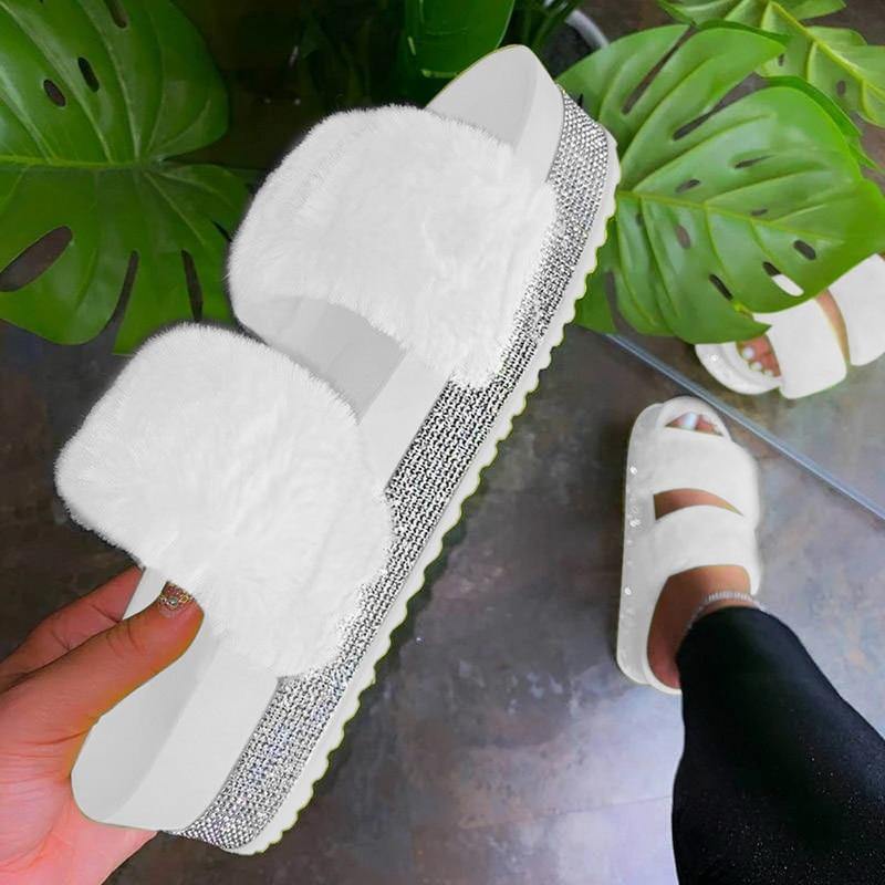 Women's Rhinestone Faux Fur Slippers Platform Flat Shoes Flip Flops Sandals - MY STORE LIVING