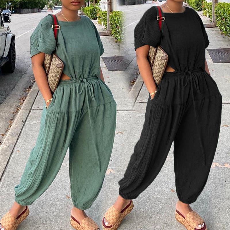 Women's Elastic Cotton And Linen Fashion Casual Wide Leg Pants Solid Color Two Piece Suit - MyStoreLiving