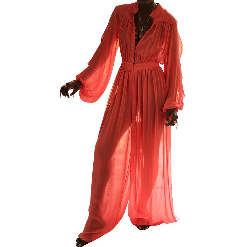 New Solid Color Long Sleeved Chiffon Wide-Leg Transparent Yarn Sexy Jumpsuit - MyStoreLiving