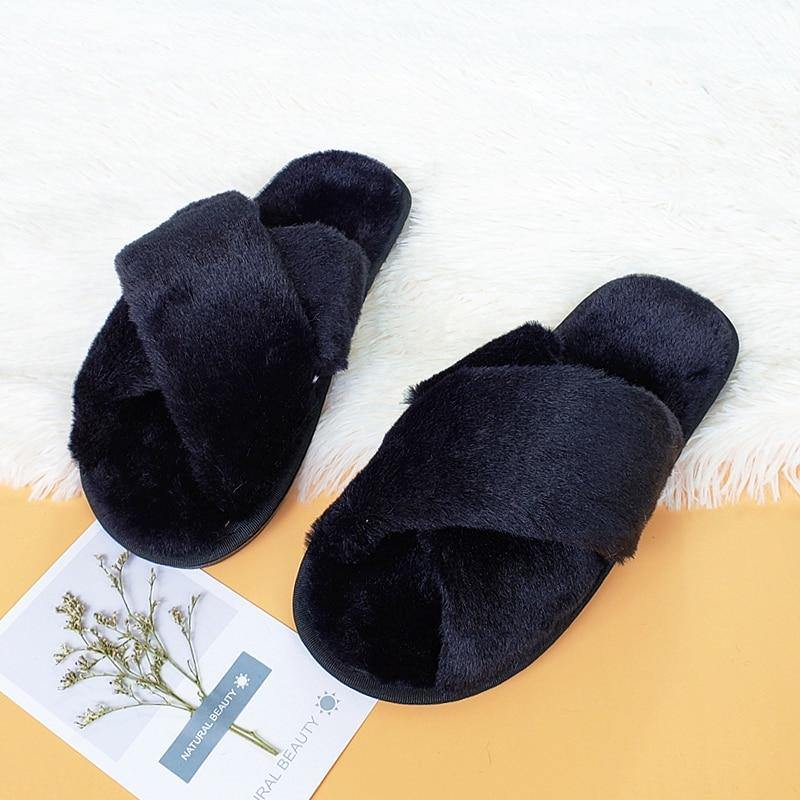 BEVERGREEN Winter Women House Slippers Faux Fur Warm Flat Shoes Female Slip on - MY STORE LIVING