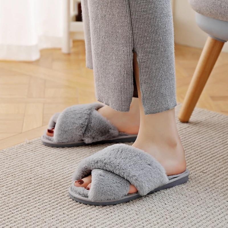 BEVERGREEN Winter Women House Slippers Faux Fur Warm Flat Shoes Female Slip on - MY STORE LIVING