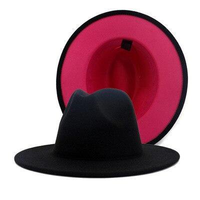 Women Men Black Red Patchwork Wool Felt Jazz Fedora Hat Unisex Panama Style Wide Brim Party Trilby Cowboy Dress Wedding Cap - MY STORE LIVING