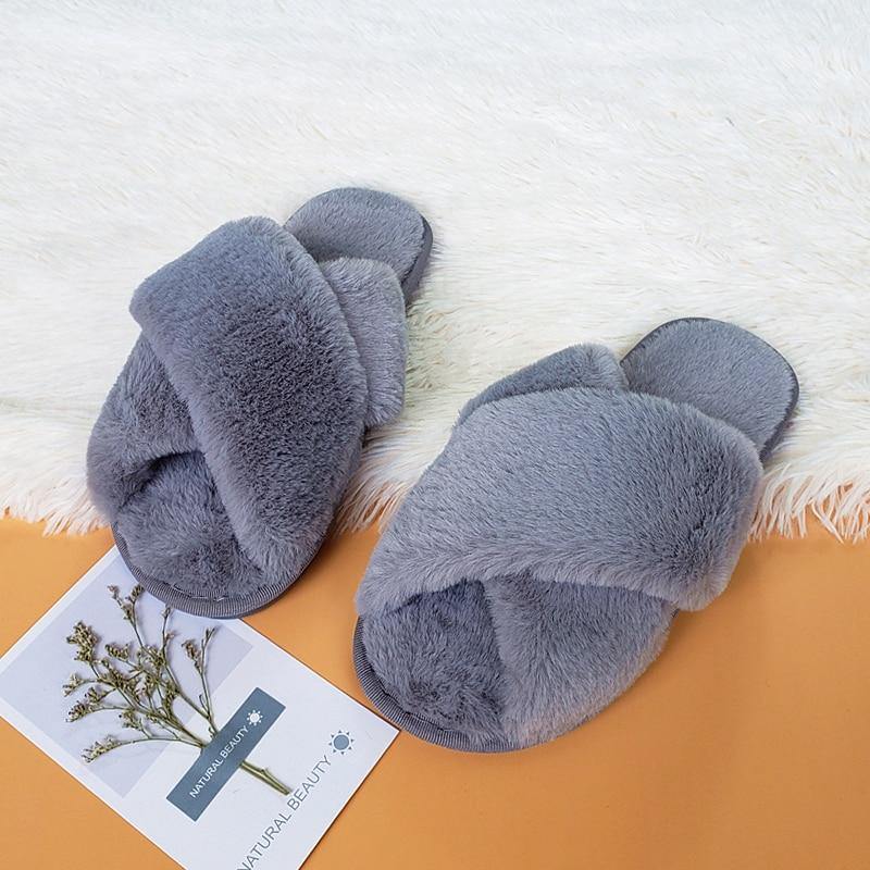 BEVERGREEN Winter Women House Slippers Faux Fur Warm Flat Shoes Female Slip on - MY STORE LIVING