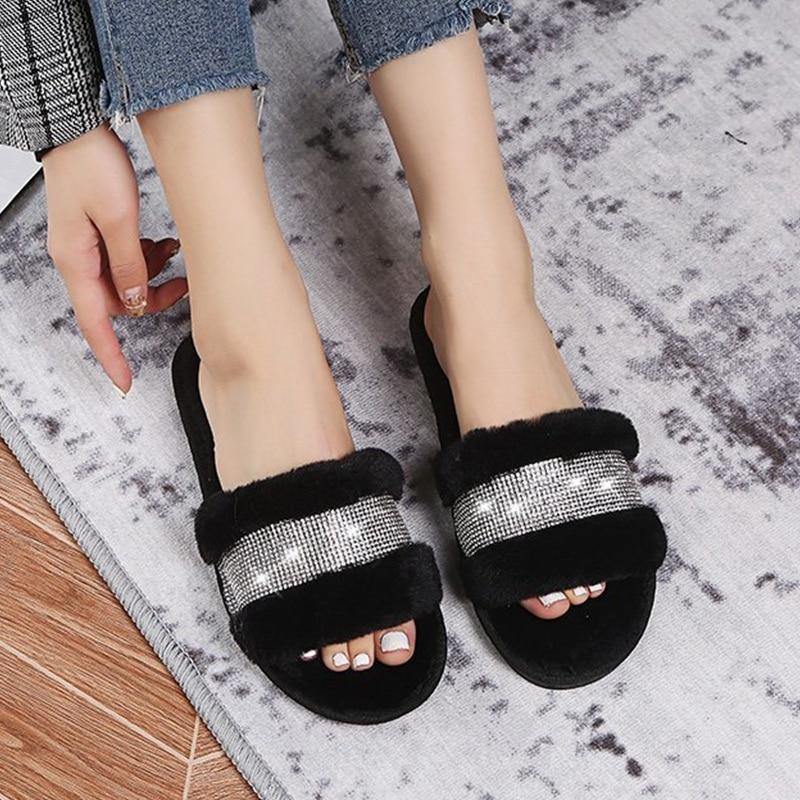 BEVERGREEN Winter Women House Slippers Faux Fur Warm Flat Shoes Female Slip on - MY STORE LIVING