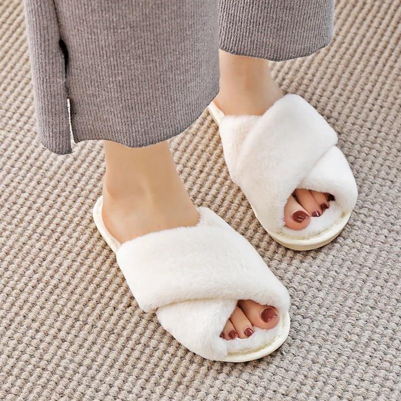 BEVERGREEN Winter Women House Slippers Faux Fur Warm Flat Shoes Female Slip on - MY STORE LIVING