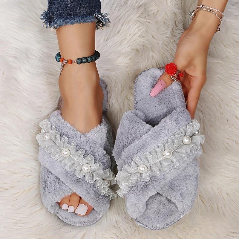 BEVERGREEN Winter Women House Slippers Faux Fur Warm Flat Shoes Female Slip on - MY STORE LIVING