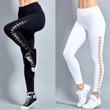 Women High Waist Fitness Leggings Lace Up Black White Solid Trousers - MyStoreLiving