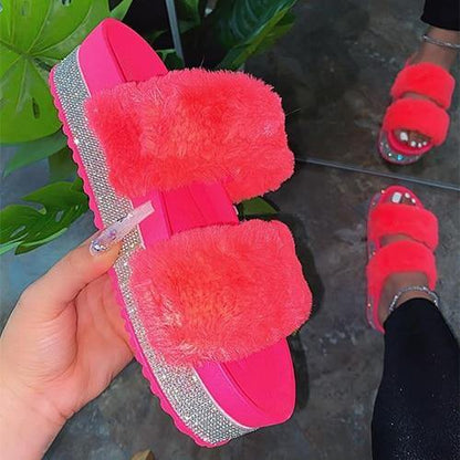 Women's Rhinestone Faux Fur Slippers Platform Flat Shoes Flip Flops Sandals - MY STORE LIVING