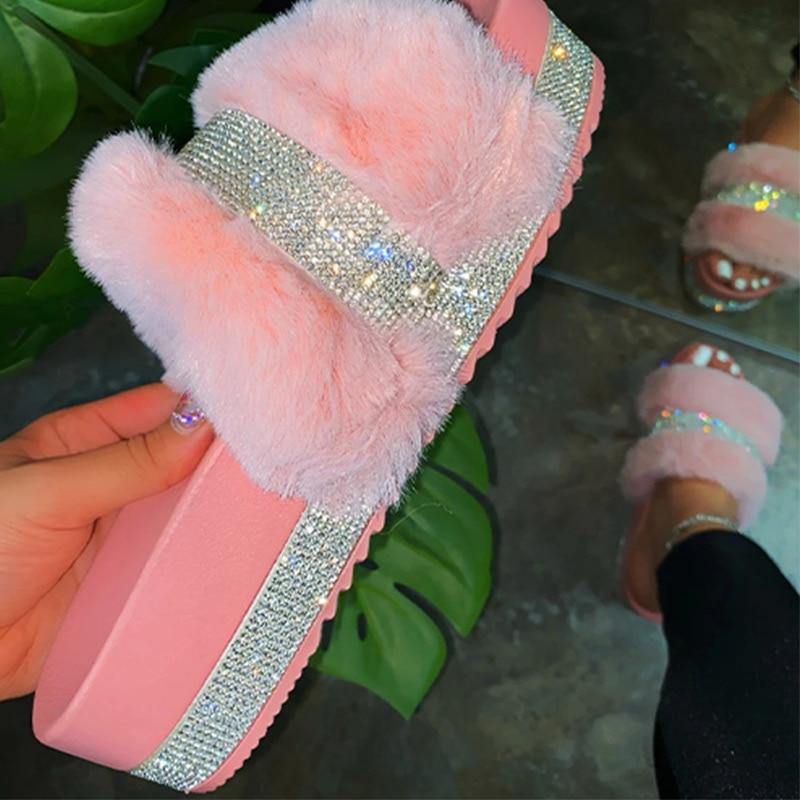 Women's Rhinestone Faux Fur Slippers Platform Flat Shoes Flip Flops Sandals - MY STORE LIVING