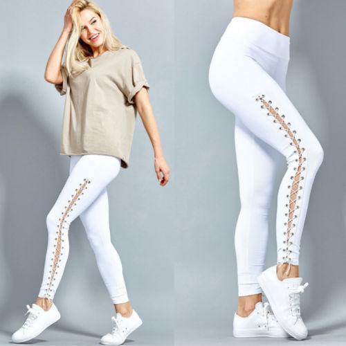 Women High Waist Fitness Leggings Lace Up Black White Solid Trousers - MyStoreLiving