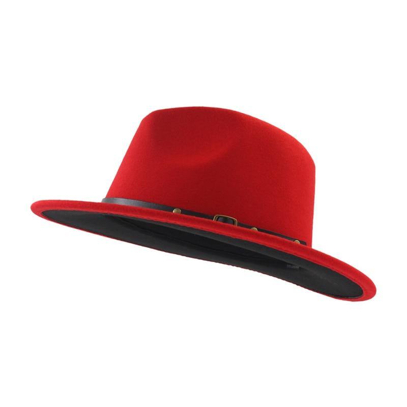 Women Men Black Red Patchwork Wool Felt Jazz Fedora Hat Unisex Panama Style Wide Brim Party Trilby Cowboy Dress Wedding Cap - MY STORE LIVING