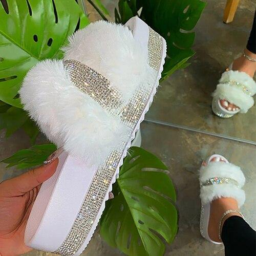 Women's Rhinestone Faux Fur Slippers Platform Flat Shoes Flip Flops Sandals - MY STORE LIVING