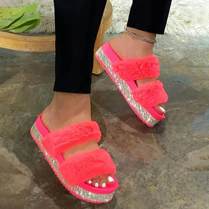 Women's Rhinestone Faux Fur Slippers Platform Flat Shoes Flip Flops Sandals - MY STORE LIVING